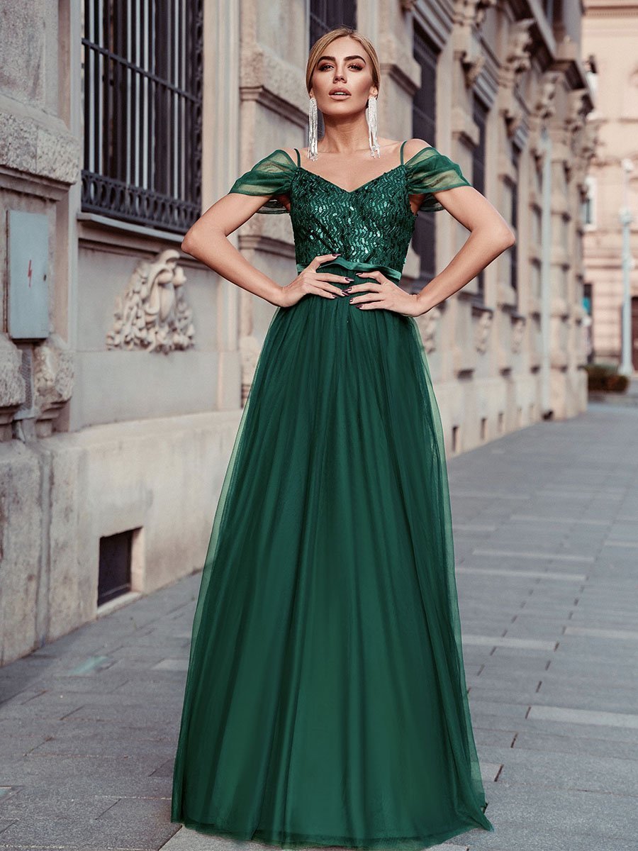 Color=Dark Green | A-Line Sweetheart Neckline Ruffle Sleeve Tulle Bridesmaid Dress With Sequin-Dark Green 1