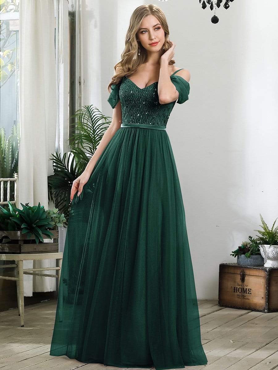 Color=Dark Green | A-Line Sweetheart Neckline Ruffle Sleeve Tulle Bridesmaid Dress With Sequin-Dark Green 7