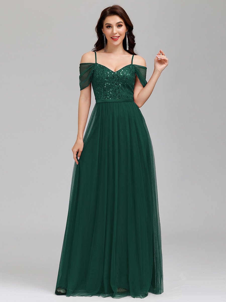 Color=Dark Green | A-Line Sweetheart Neckline Ruffle Sleeve Tulle Bridesmaid Dress With Sequin-Dark Green 9