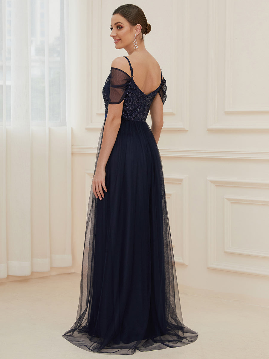 Color=Navy Blue | A-Line Sweetheart Neckline Ruffle Sleeve Tulle Bridesmaid Dress With Sequin-Navy Blue 2