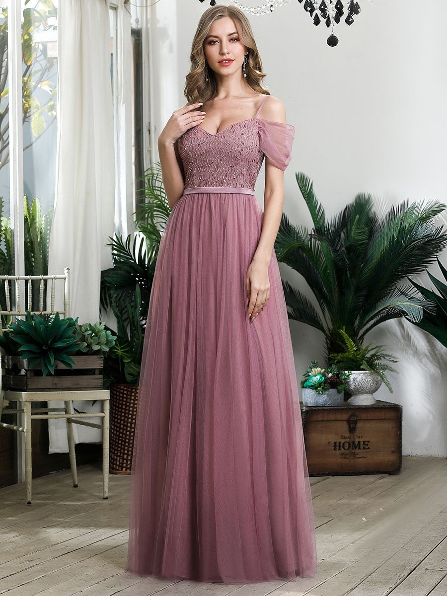 Color=Orchid | A-Line Sweetheart Neckline Ruffle Sleeve Tulle Bridesmaid Dress With Sequin-Purple Orchid 7