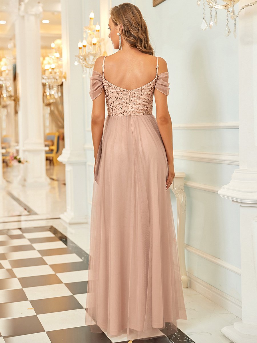 Color=Rose Gold | A-Line Sweetheart Neckline Ruffle Sleeve Tulle Bridesmaid Dress With Sequin-Rose Gold 2