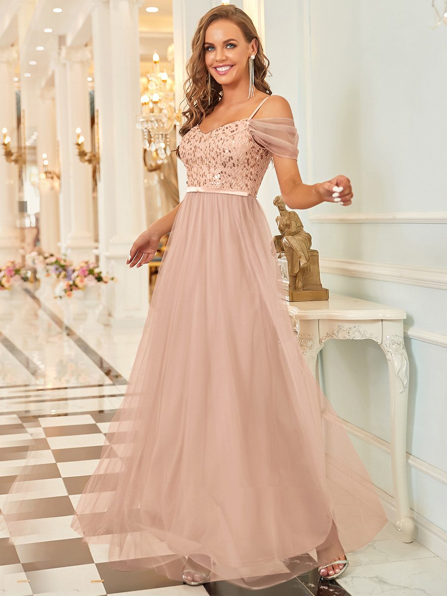 Color=Rose Gold | A-Line Sweetheart Neckline Ruffle Sleeve Tulle Bridesmaid Dress With Sequin-Rose Gold 2