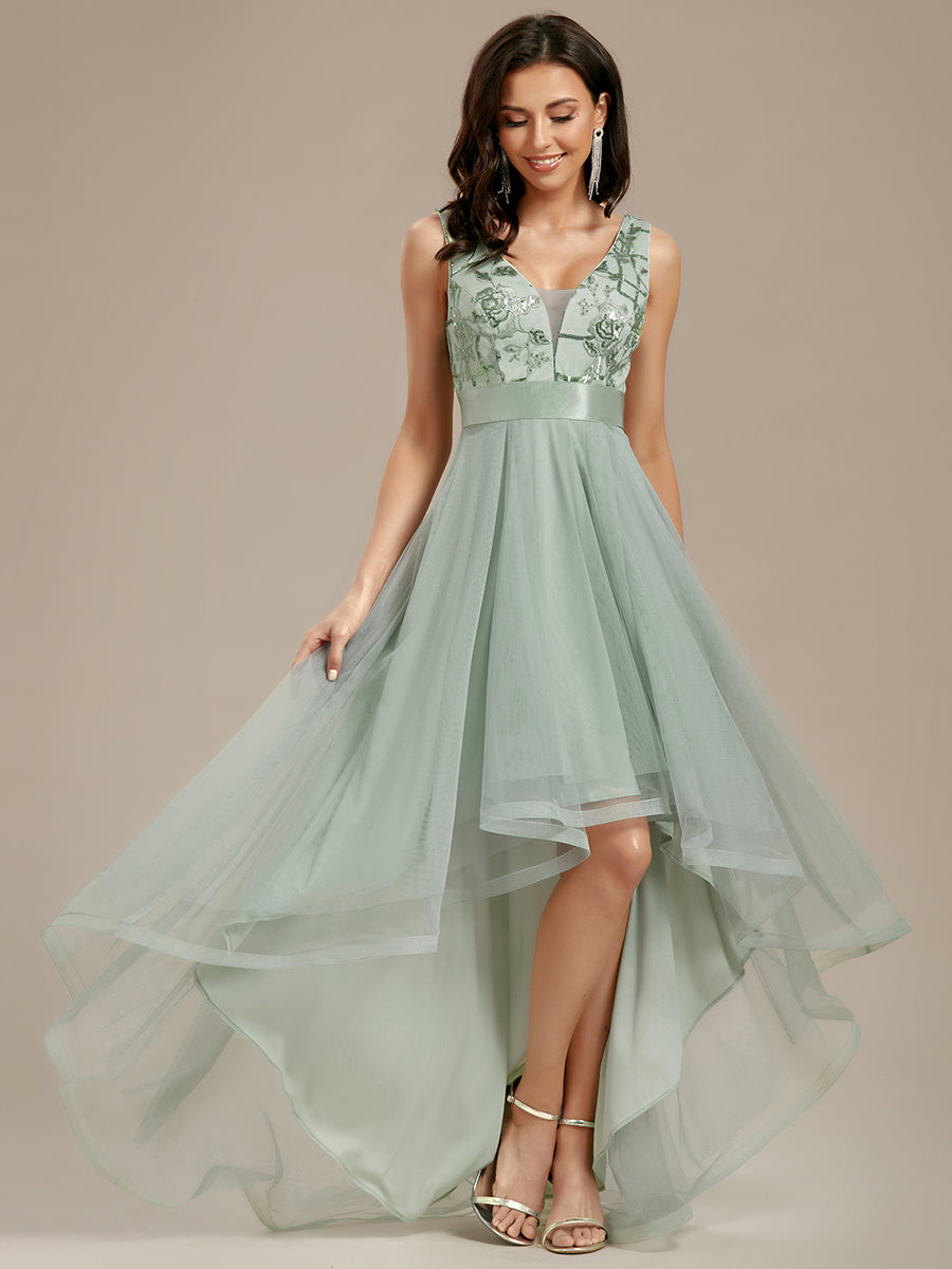 Custom Size High-Low V Neck Tulle Wholesale Prom Dresses with Sequin
