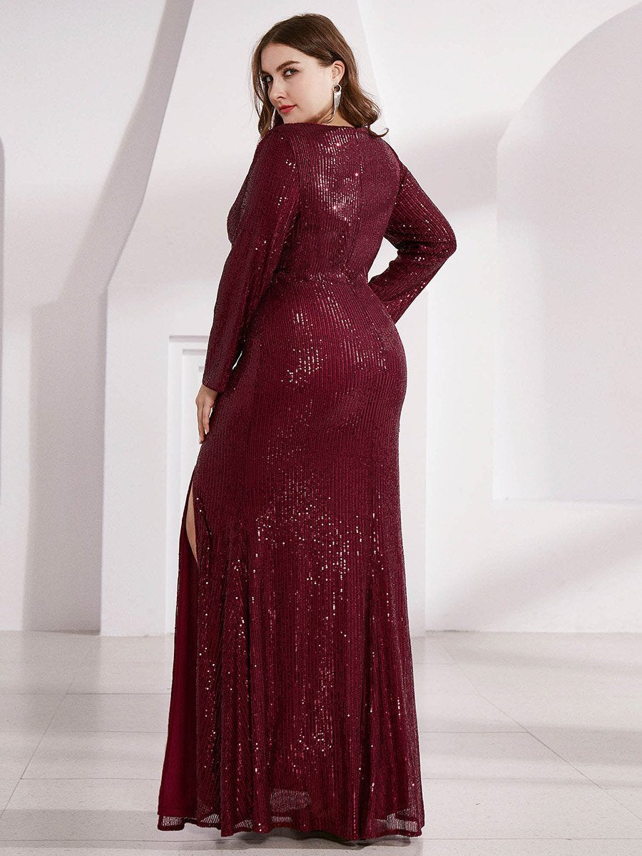 Color=Burgundy | Plus Size Long Sleeve Shiny Prom Dresses With Side Split Ep00824-Burgundy 2
