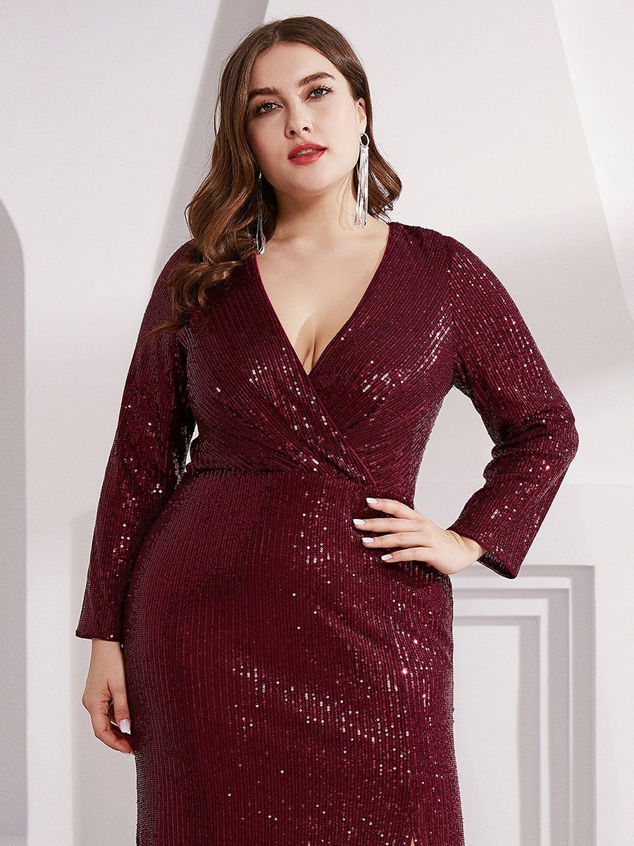Color=Burgundy | Plus Size Long Sleeve Shiny Prom Dresses With Side Split Ep00824-Burgundy 5