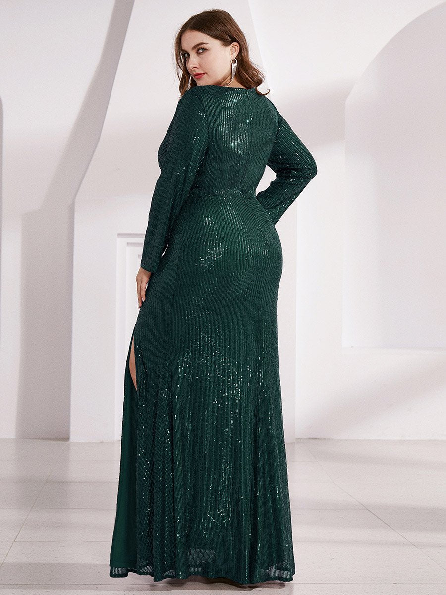 Color=Dark Green | Plus Size Long Sleeve Shiny Prom Dresses With Side Split Ep00824-Dark Green 2
