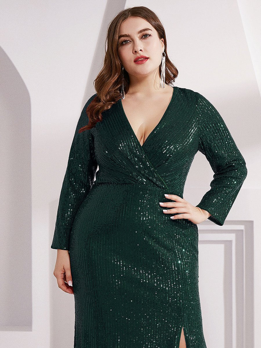 Color=Dark Green | Plus Size Long Sleeve Shiny Prom Dresses With Side Split Ep00824-Dark Green 5