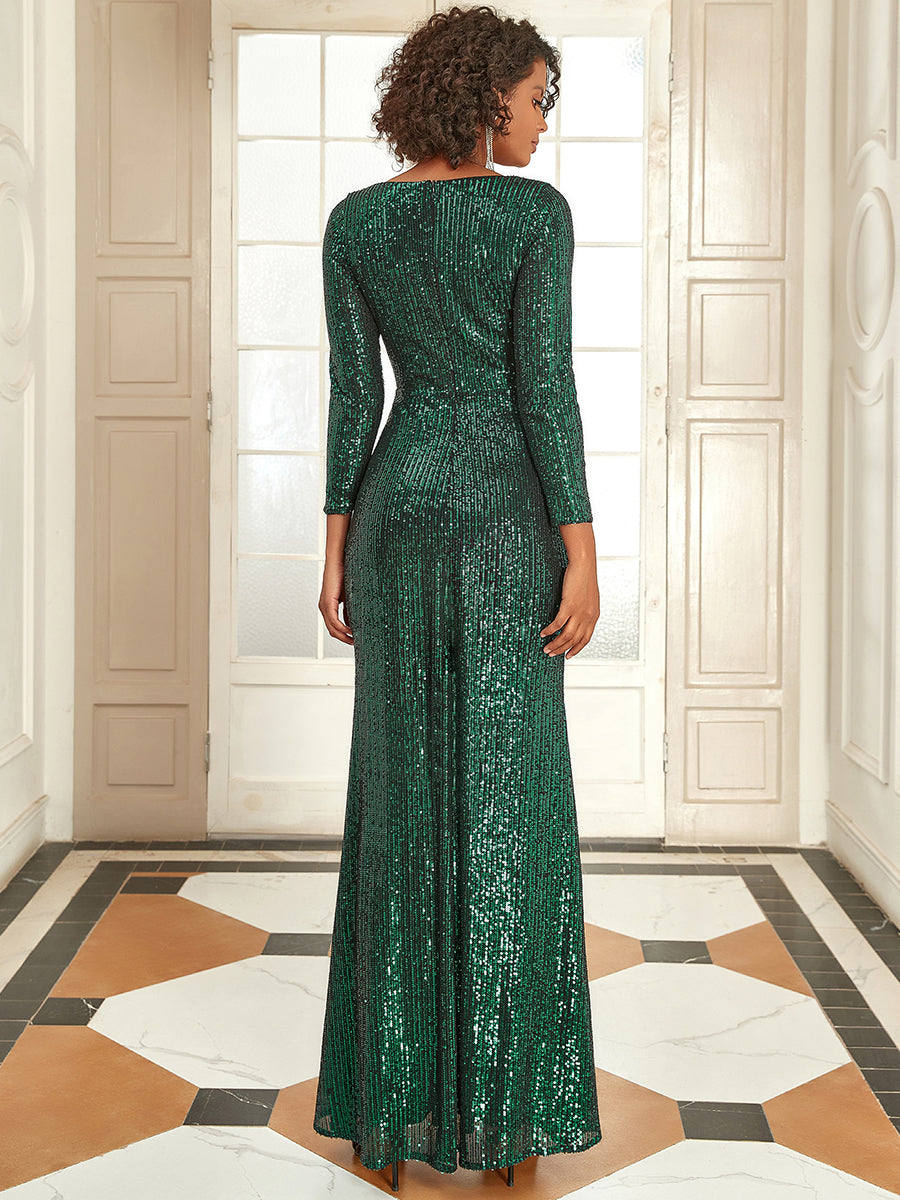 Color=Dark Green | Long Sleeve Shiny Prom Dresses With Side Split Ep00824-Dark Green 5