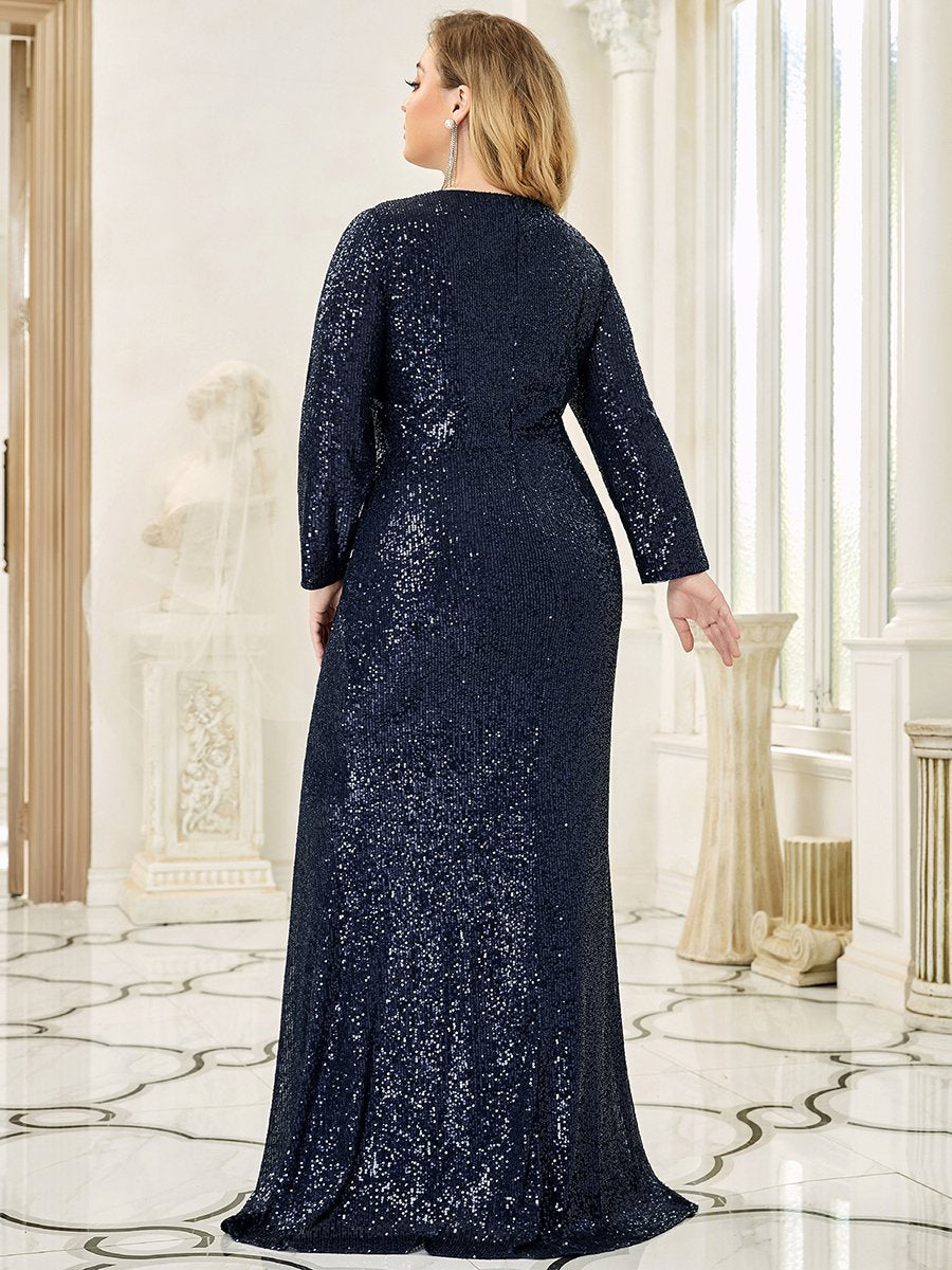 Color=Navy Blue | Plus Size Long Sleeve Shiny Prom Dresses With Side Split Ep00824-Navy Blue 2