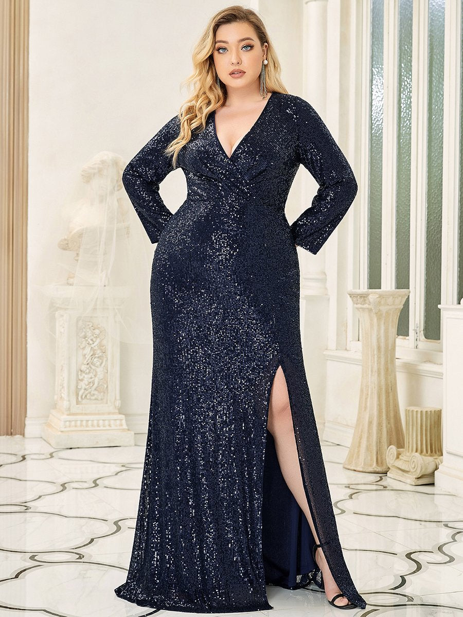 Color=Navy Blue | Plus Size Long Sleeve Shiny Prom Dresses With Side Split Ep00824-Navy Blue 4