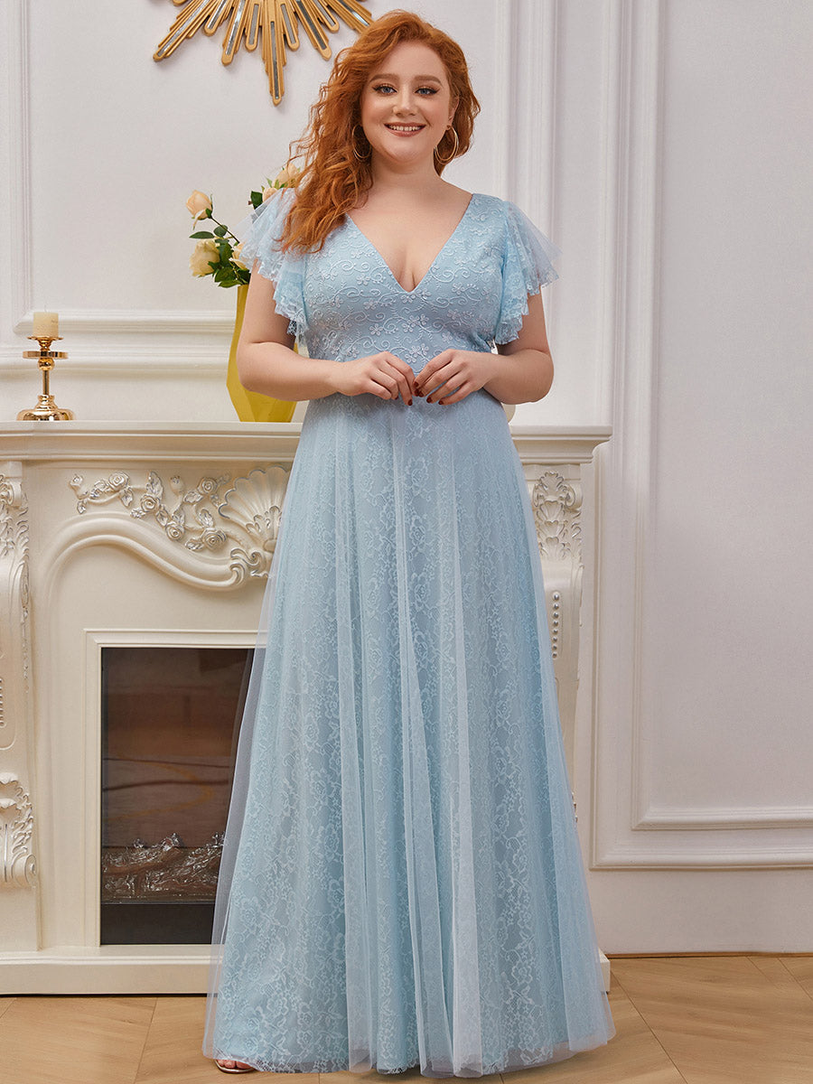 Color=Sky Blue | Plus Size Double V Neck Lace Evening Dresses with Ruffle Sleeves-Sky Blue 1