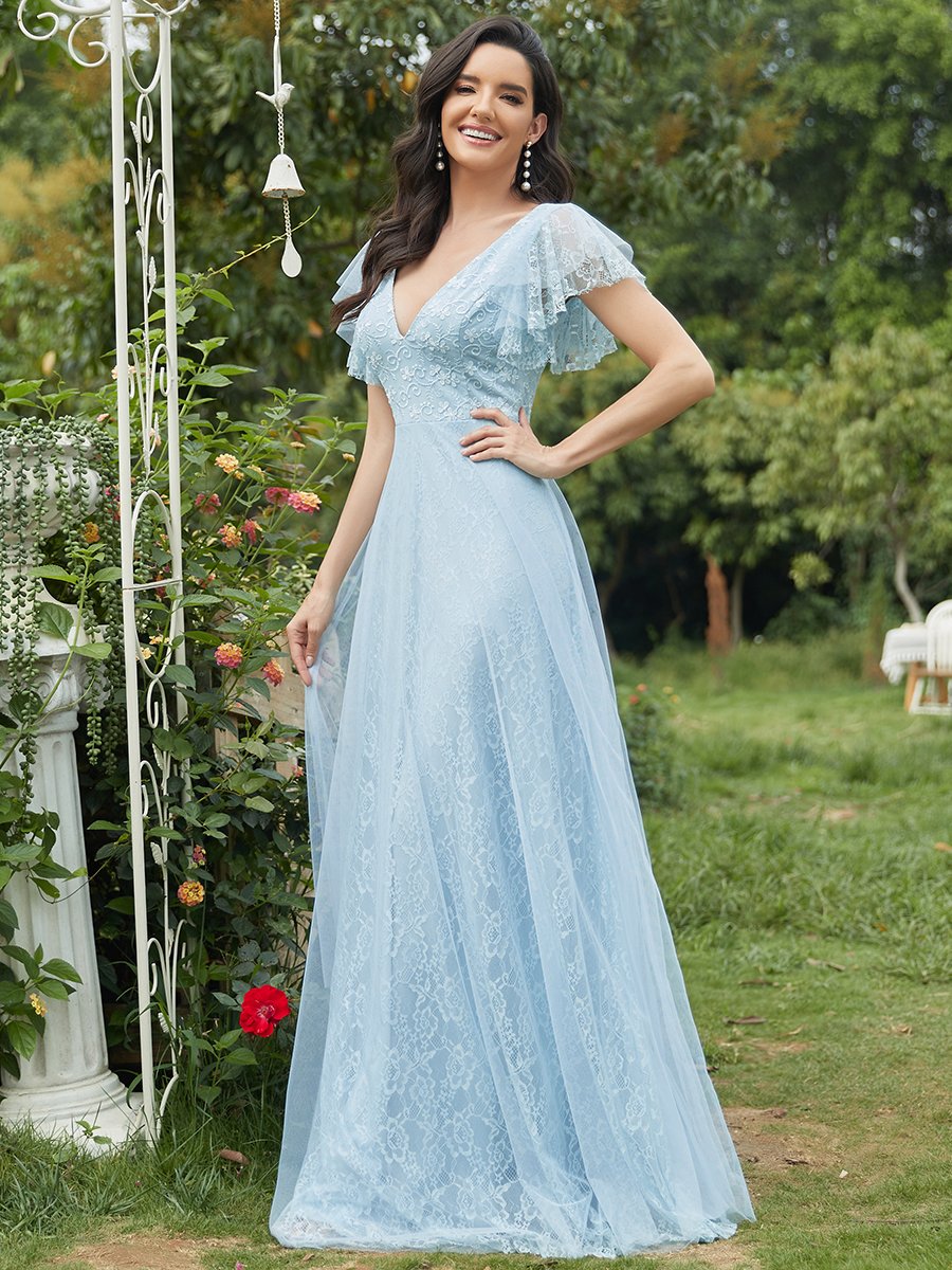 Color=Sky Blue | Double V-Neck Floor Length Wholesale Dresses with Short Sleeve-Sky Blue 1