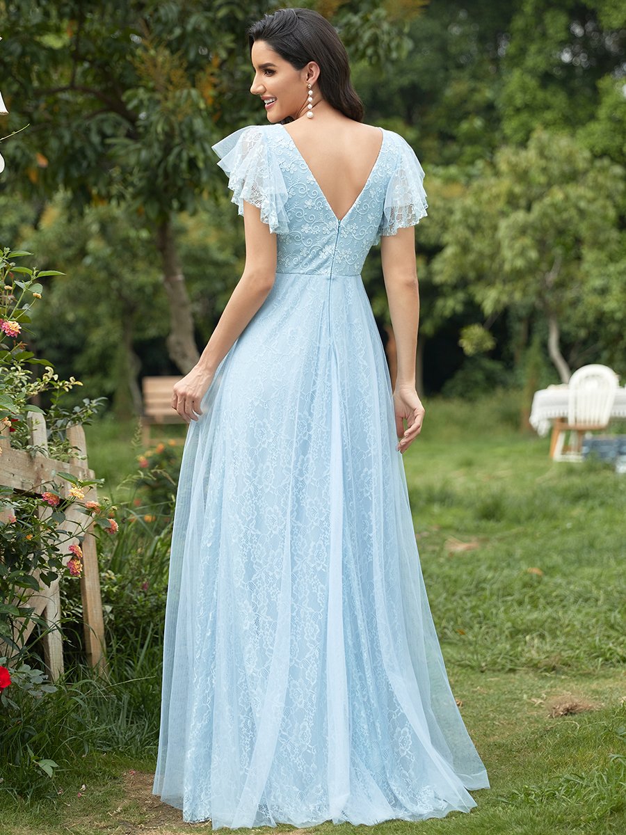 Color=Sky Blue | Double V-Neck Floor Length Wholesale Dresses with Short Sleeve-Sky Blue 2