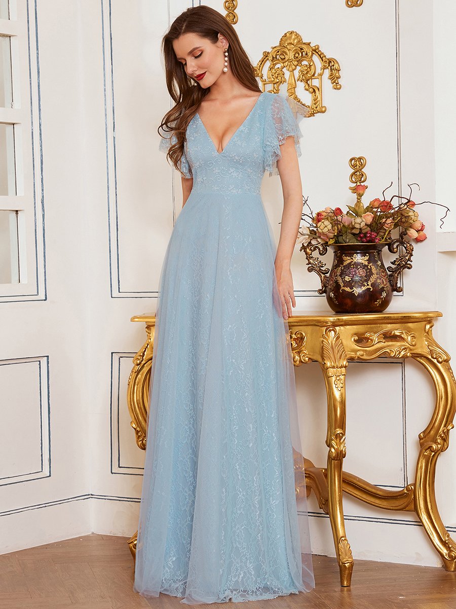 Color=Sky Blue | Double V-Neck Floor Length Wholesale Dresses with Short Sleeve-Sky Blue 5