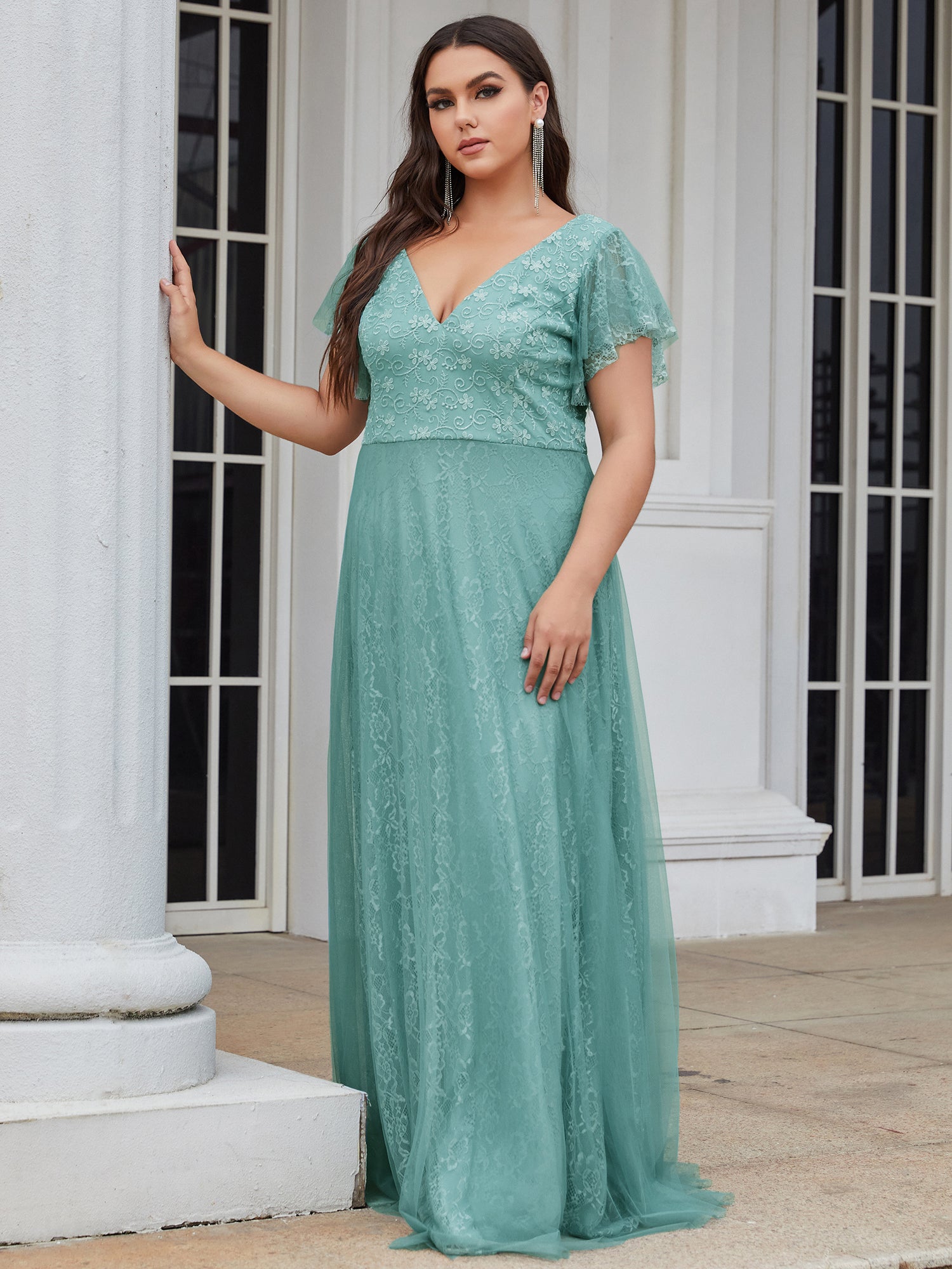 Color=Dusty Blue | Plus Size Double V Neck Lace Evening Dresses with Ruffle Sleeves-Dusty Blue 3