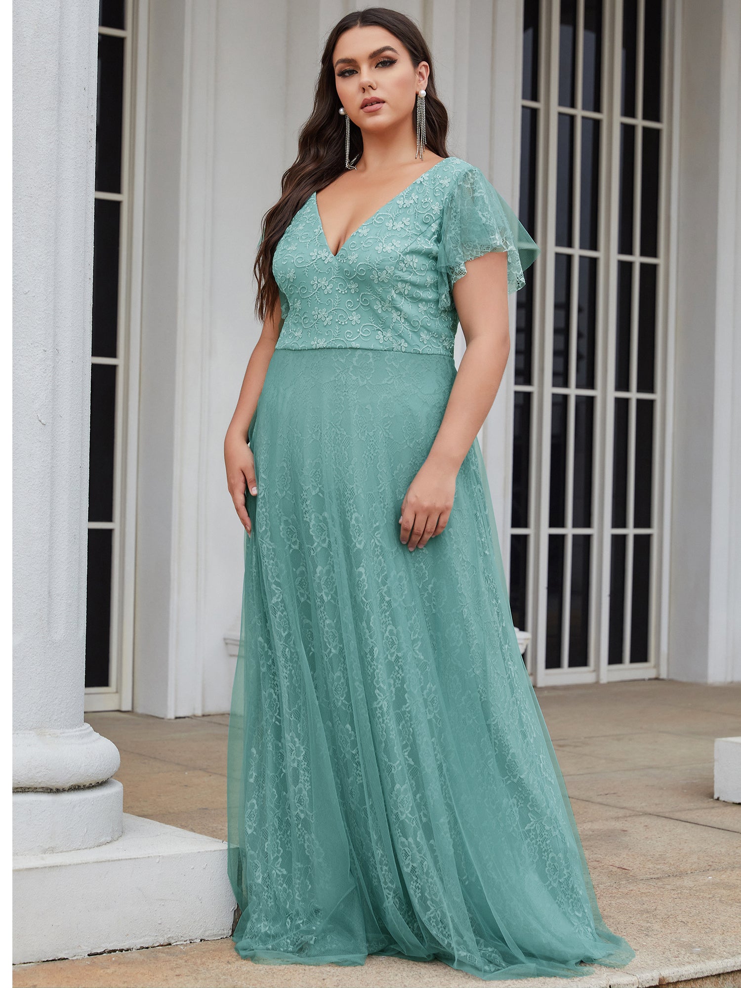 Color=Dusty Blue | Plus Size Double V Neck Lace Evening Dresses with Ruffle Sleeves-Dusty Blue 4