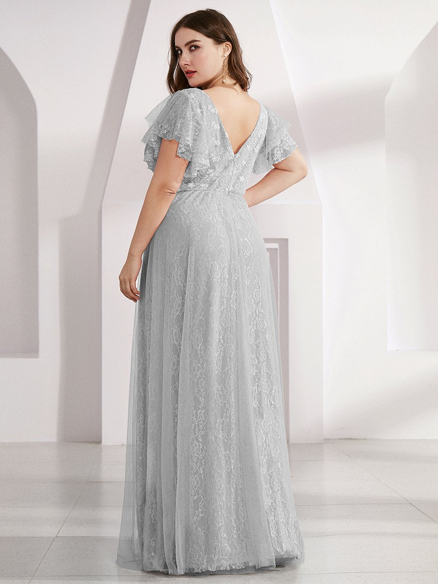 Color=Grey | Double V-Neck Floor Length Wholesale Dresses with Short Sleeve-Grey 6