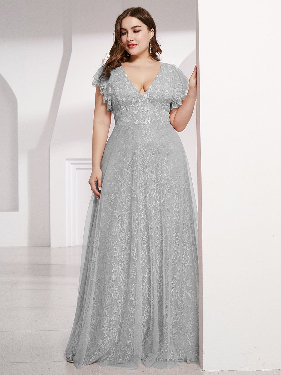 Color=Grey | Plus Size Double V Neck Lace Evening Dresses with Ruffle Sleeves-Grey 4