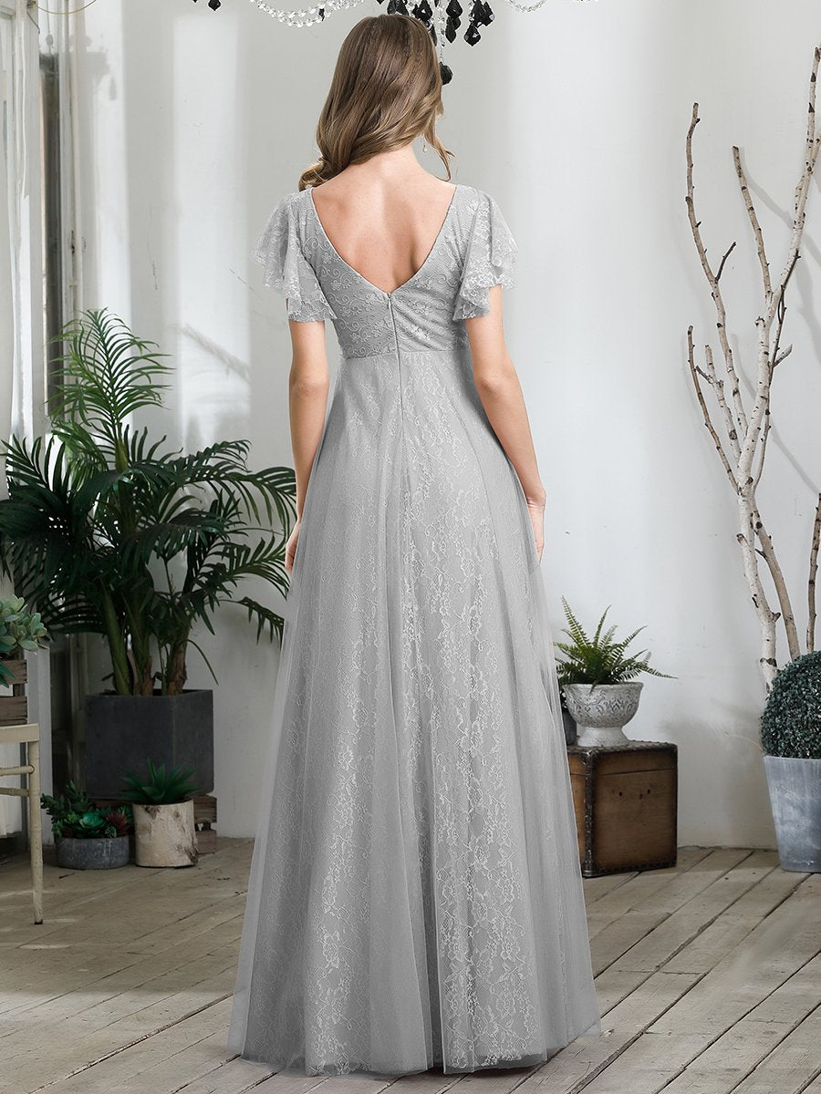 Color=Grey | Double V-Neck Floor Length Wholesale Dresses with Short Sleeve-Grey 2