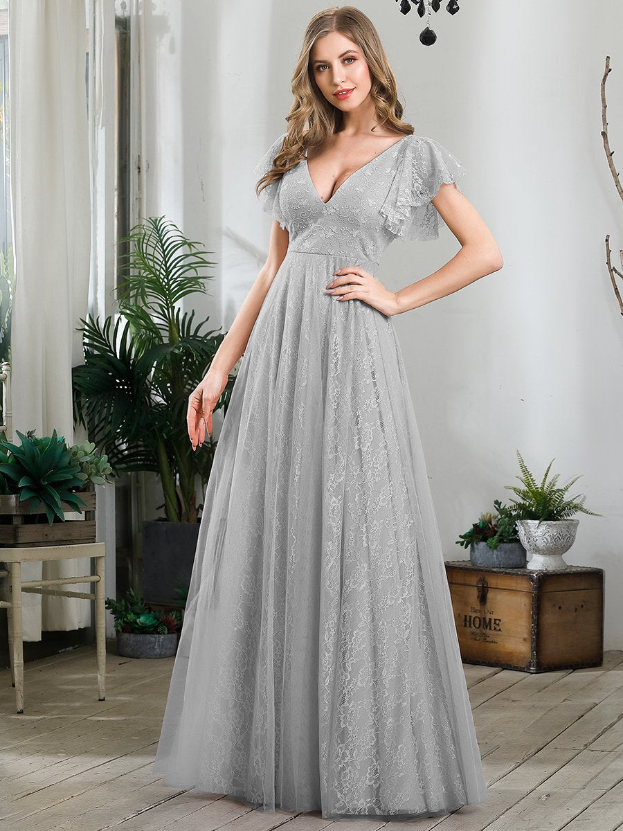 Color=Grey | Double V-Neck Floor Length Wholesale Dresses with Short Sleeve-Grey 3