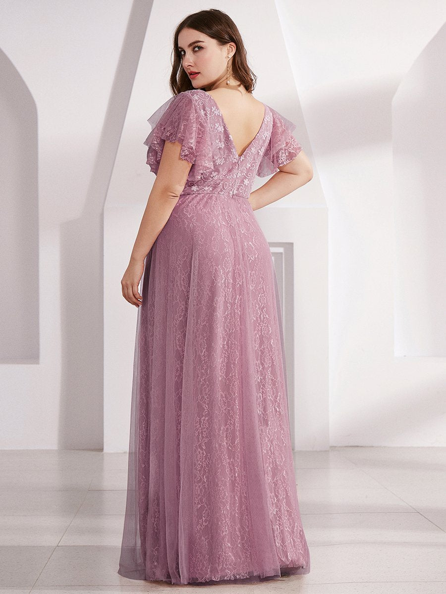 Color=Orchid | Plus Size Double V Neck Lace Evening Dresses with Ruffle Sleeves-Orchid 2