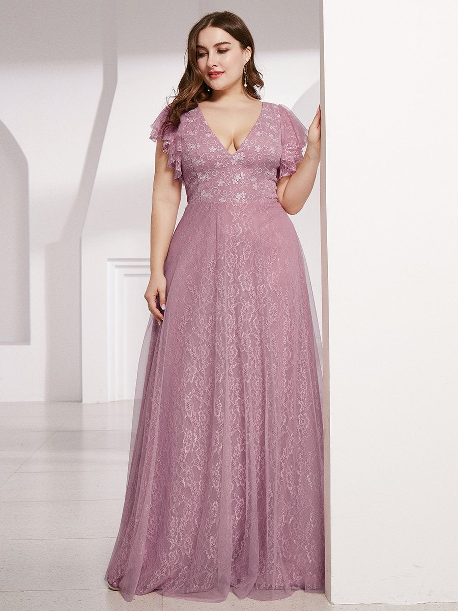 Color=Orchid | Plus Size Double V Neck Lace Evening Dresses with Ruffle Sleeves-Orchid 4