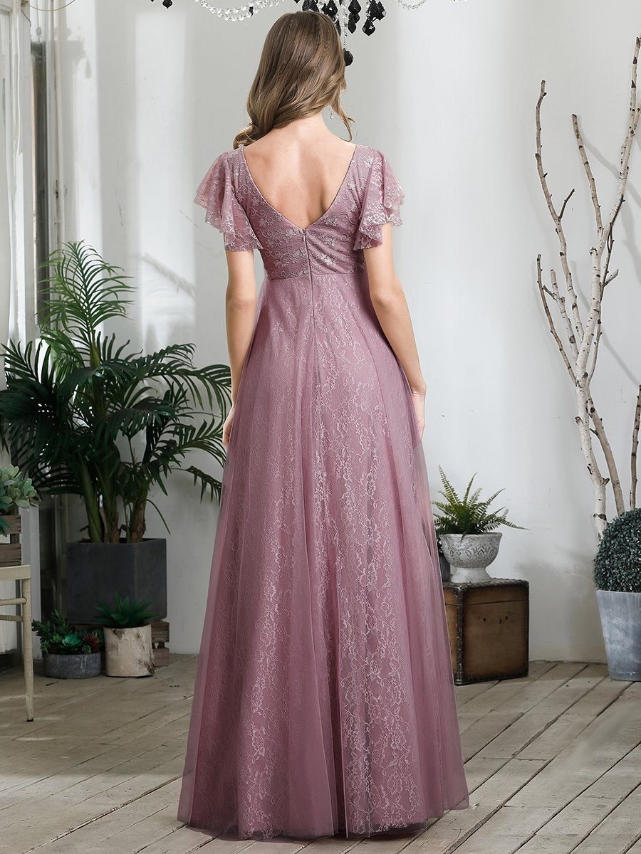 Color=Orchid | Double V-Neck Floor Length Wholesale Dresses with Short Sleeve-Orchid 2