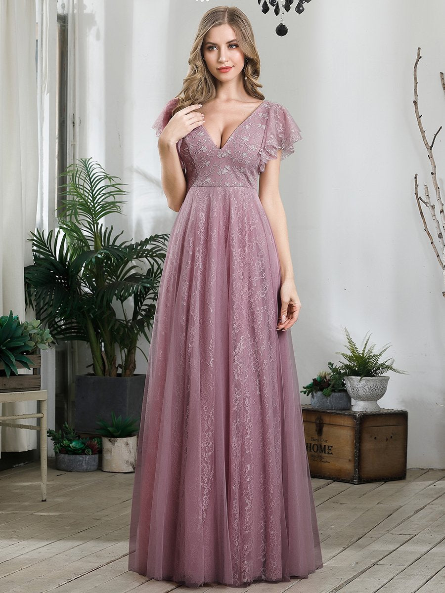 Color=Orchid | Double V-Neck Floor Length Wholesale Dresses with Short Sleeve-Orchid 3