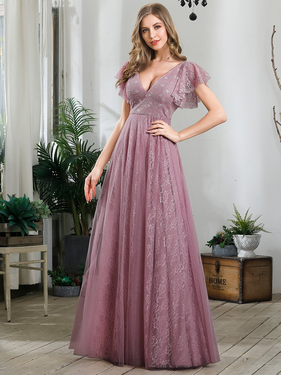 Color=Orchid | Double V-Neck Floor Length Wholesale Dresses with Short Sleeve-Orchid 1