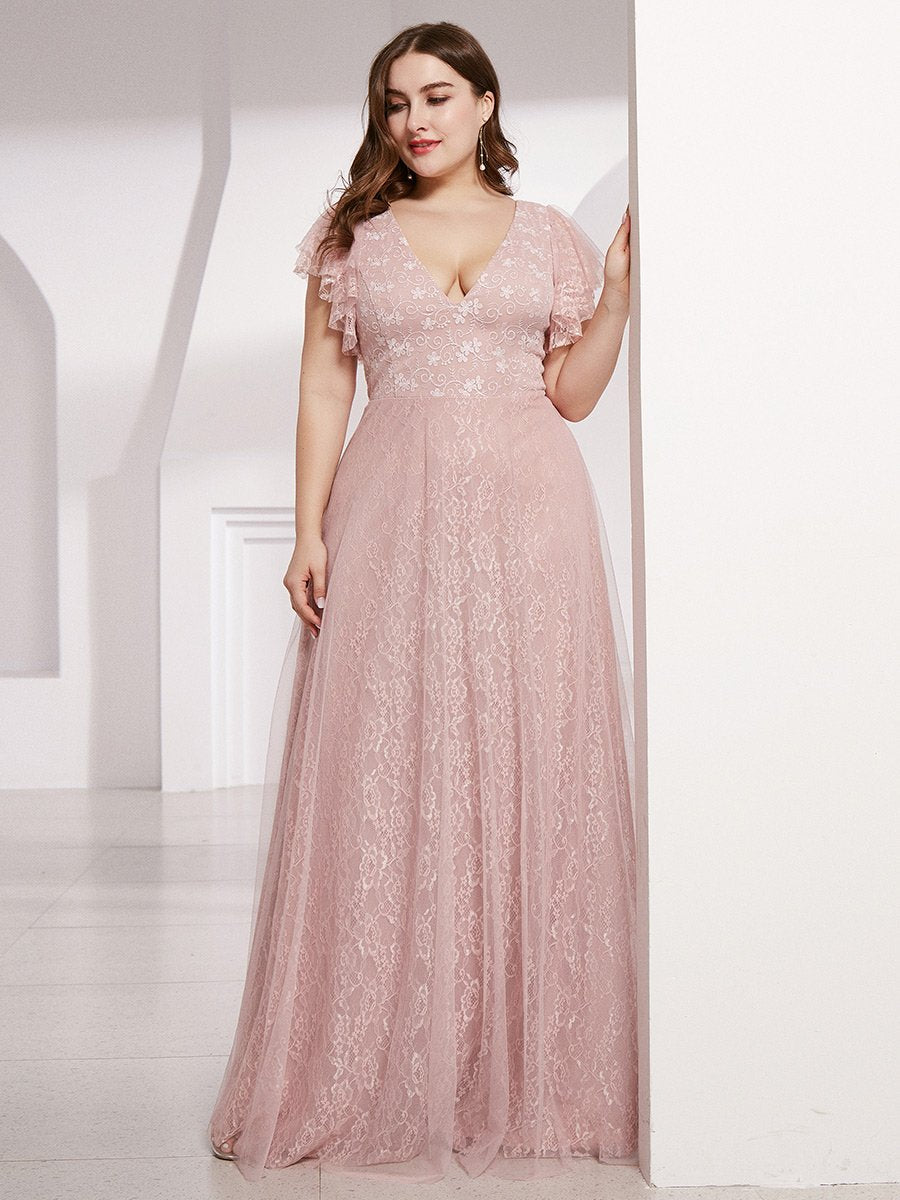 Color=Pink | Plus Size Double V Neck Lace Evening Dresses with Ruffle Sleeves-Pink 4