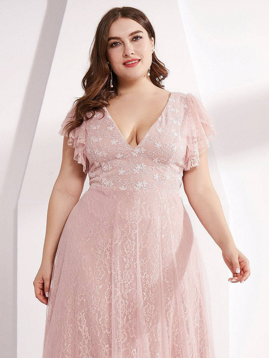 Color=Pink | Plus Size Double V Neck Lace Evening Dresses with Ruffle Sleeves-Pink 5