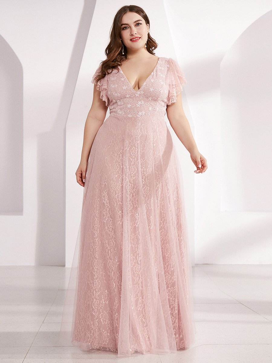 Color=Pink | Double V-Neck Floor Length Wholesale Dresses with Short Sleeve-Pink 9