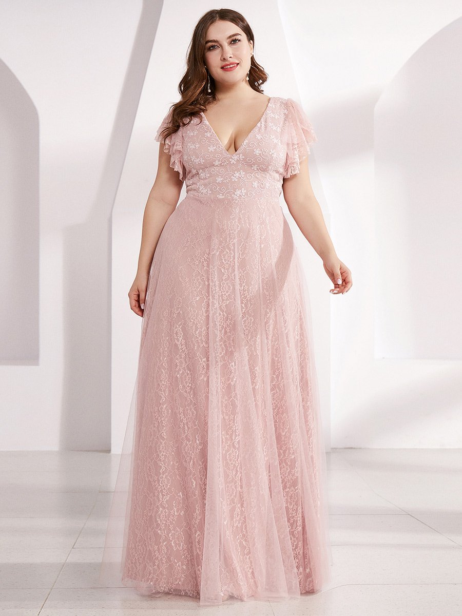 Color=Pink | Plus Size Double V Neck Lace Evening Dresses with Ruffle Sleeves-Pink 1