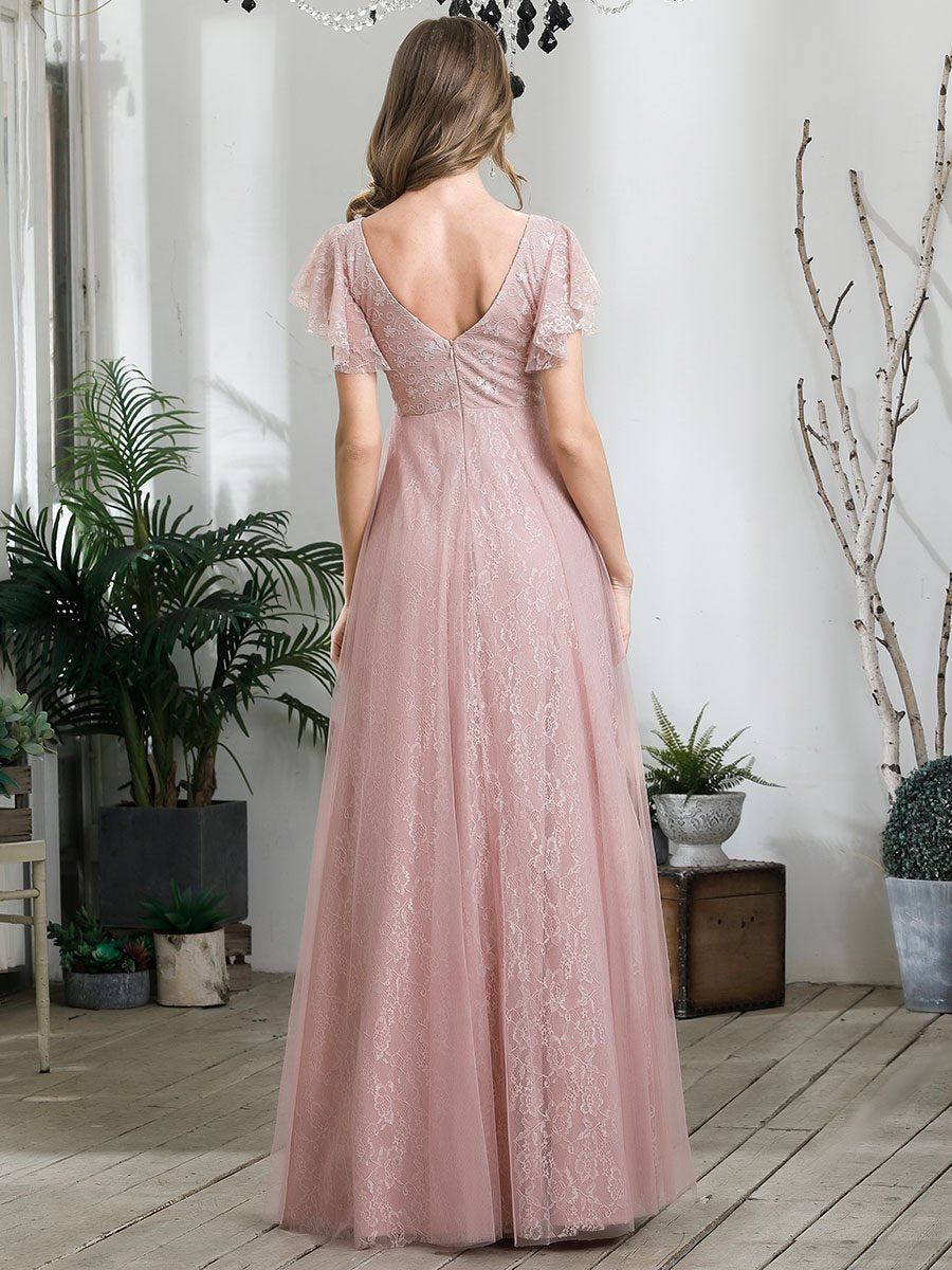 Color=Pink | Double V-Neck Floor Length Wholesale Dresses with Short Sleeve-Pink 2