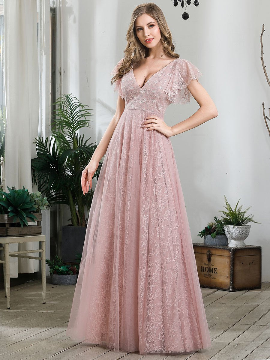 Color=Pink | Double V-Neck Floor Length Wholesale Dresses with Short Sleeve-Pink 4