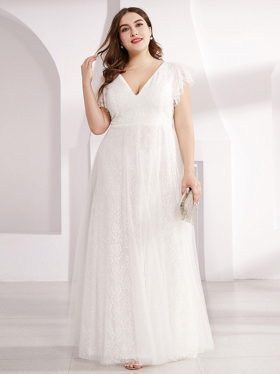 Color=White | Plus Size Double V Neck Lace Evening Dresses with Ruffle Sleeves-White 1