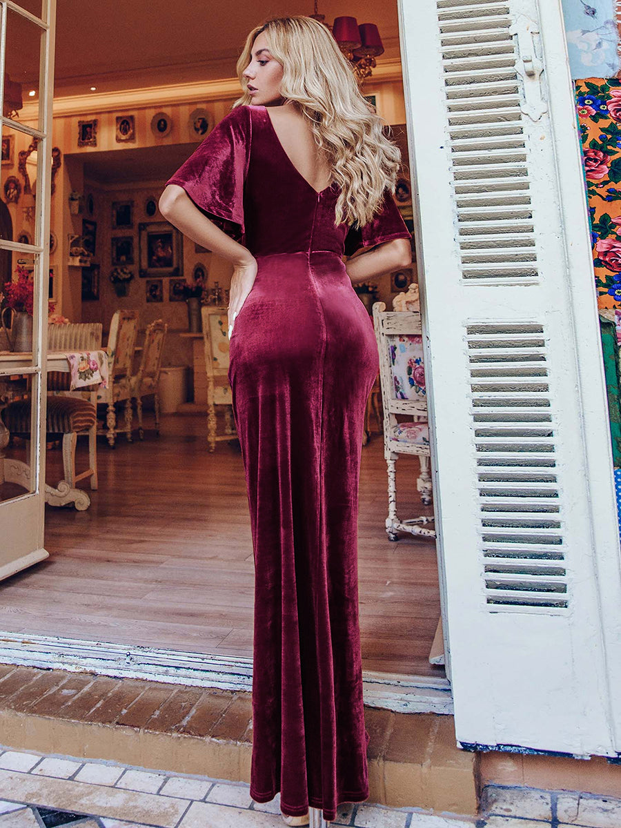 Color=Burgundy | Elegant Double V Neck Velvet Party Dress-Burgundy 2
