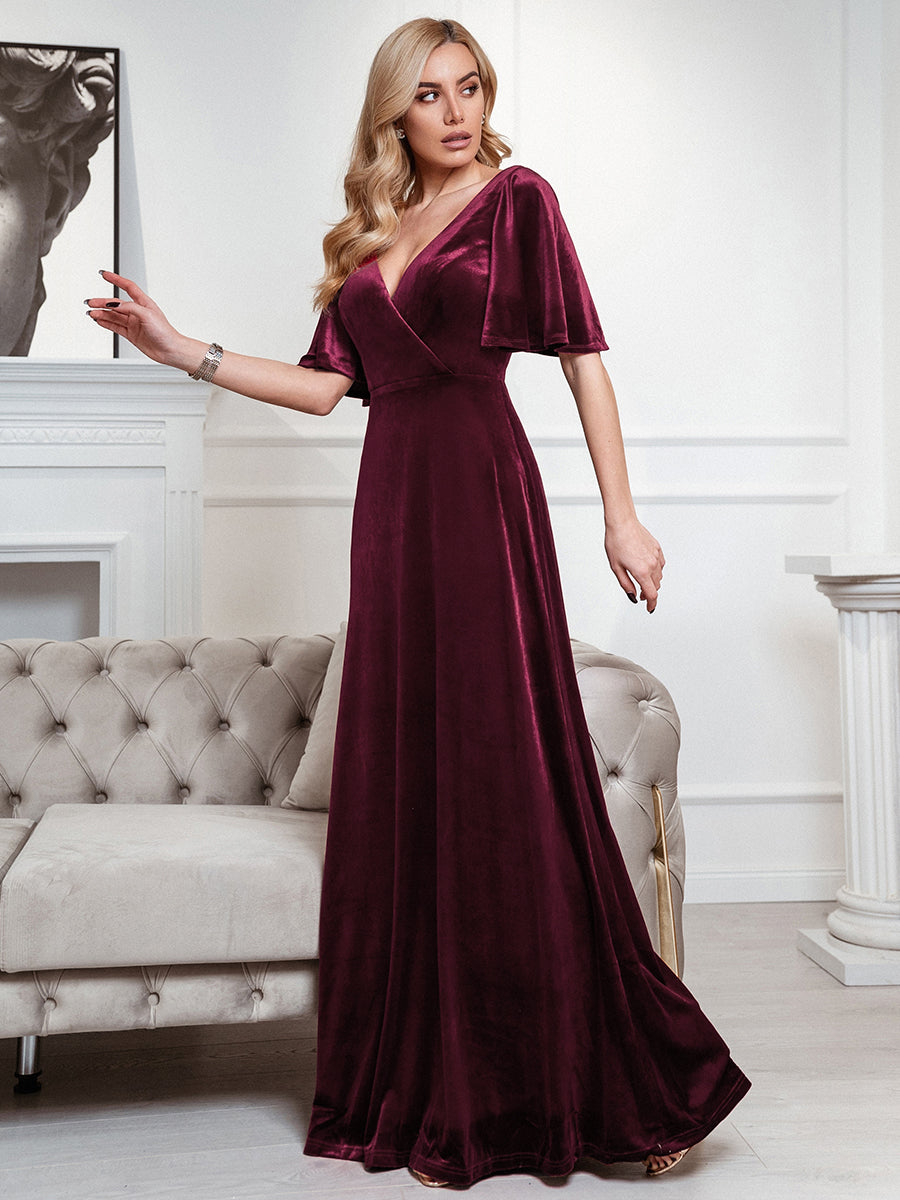Color=Burgundy | Elegant Double V Neck Velvet Party Dress-Burgundy 3