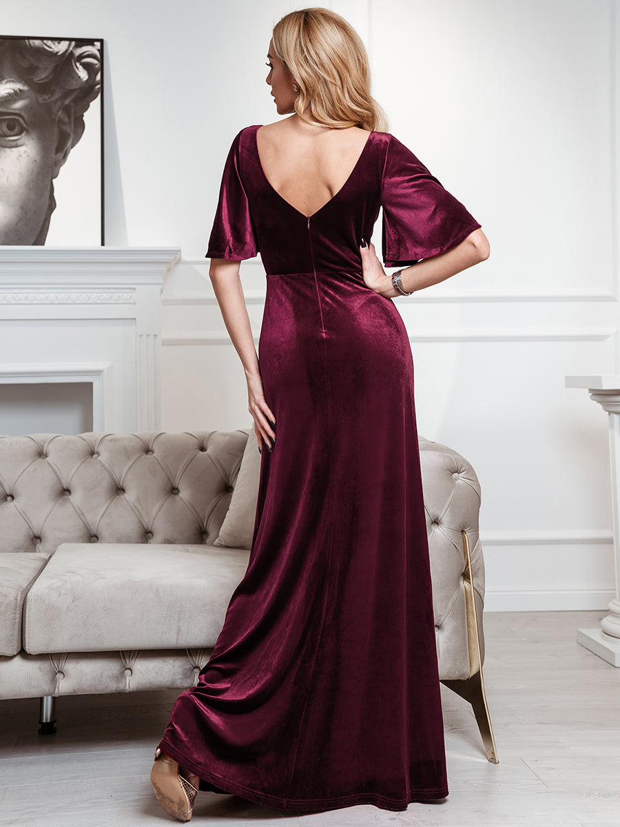 Color=Burgundy | Elegant Double V Neck Velvet Party Dress-Burgundy 4