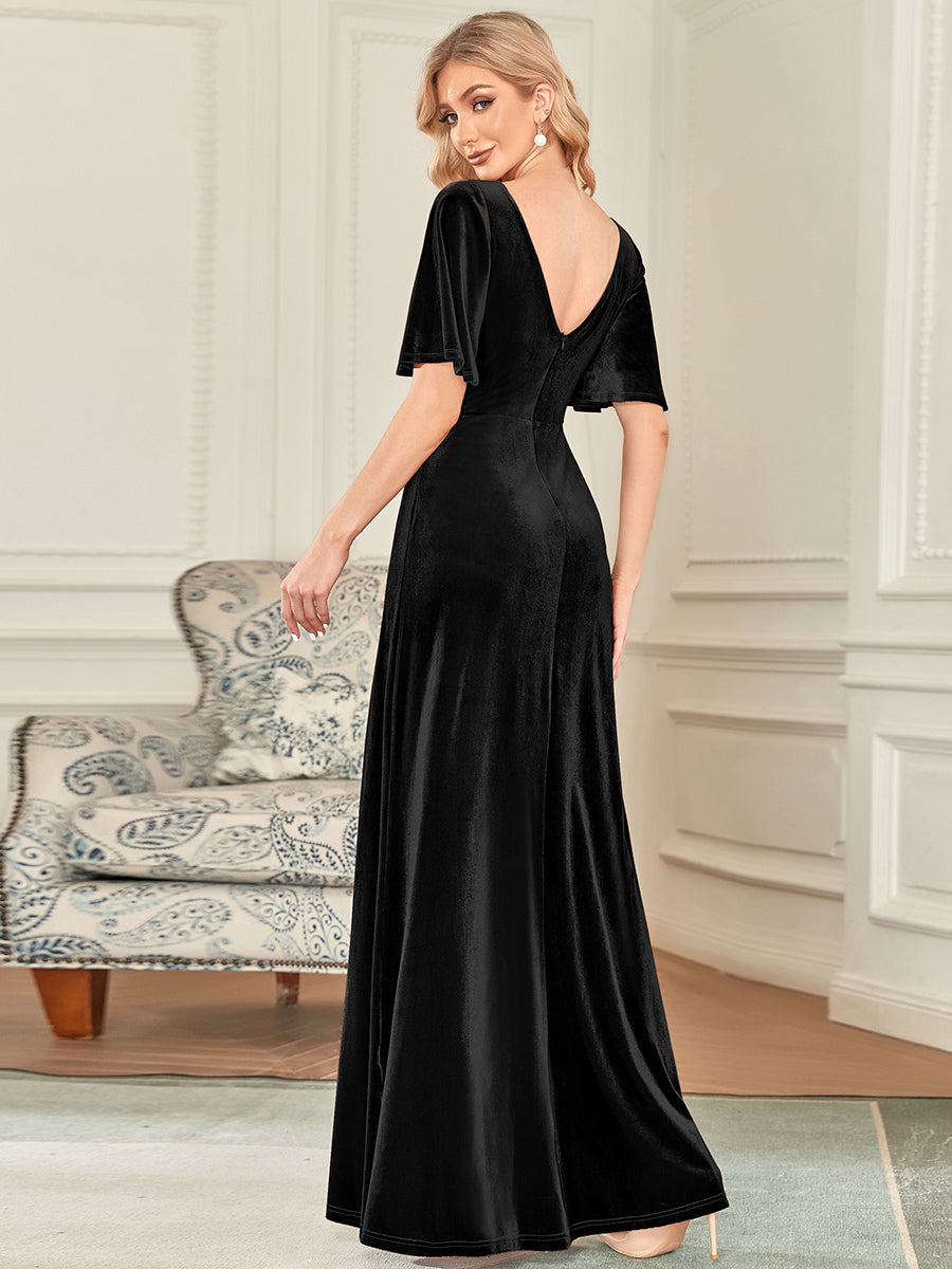 Color=Black | Elegant Double V Neck Velvet Party Dress-Black 2
