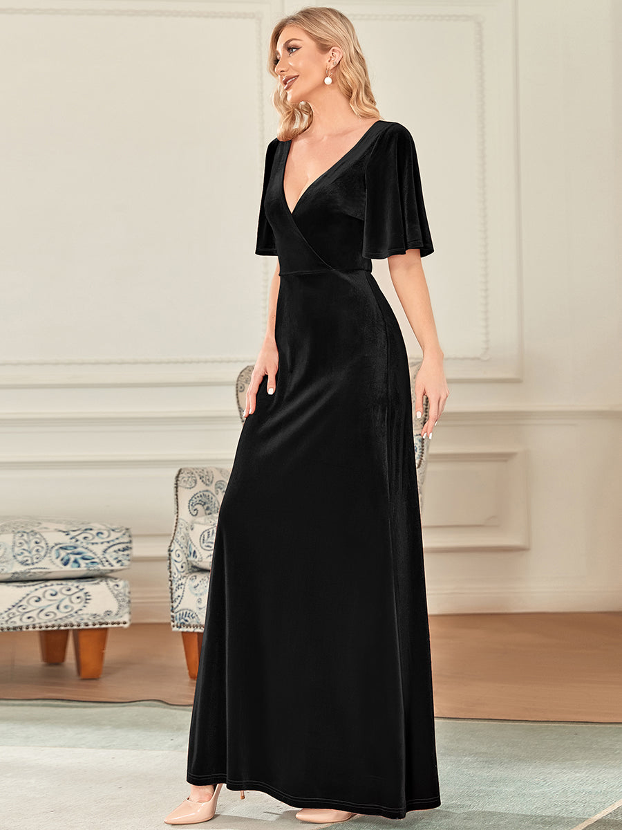 Color=Black | Elegant Double V Neck Velvet Party Dress-Black 3