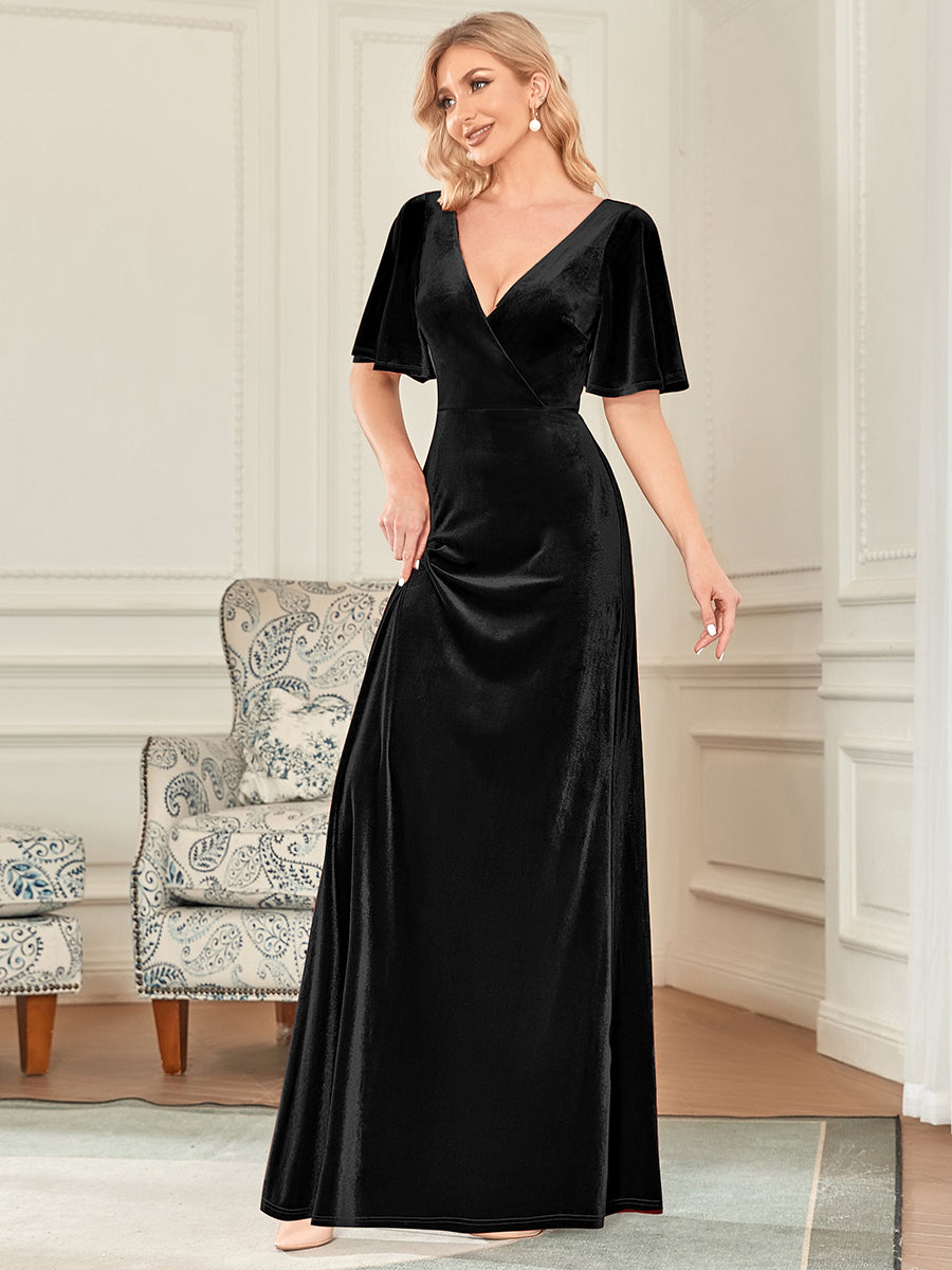 Color=Black | Elegant Double V Neck Velvet Party Dress-Black 4