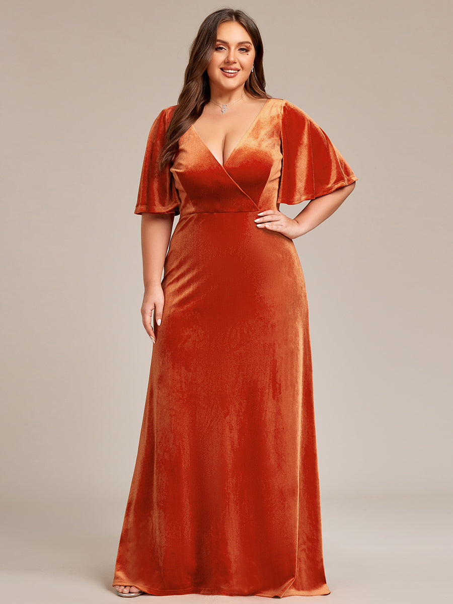 Color=Burnt Orange | Elegant Double V Neck Velvet Party Dress-Burnt Orange 1