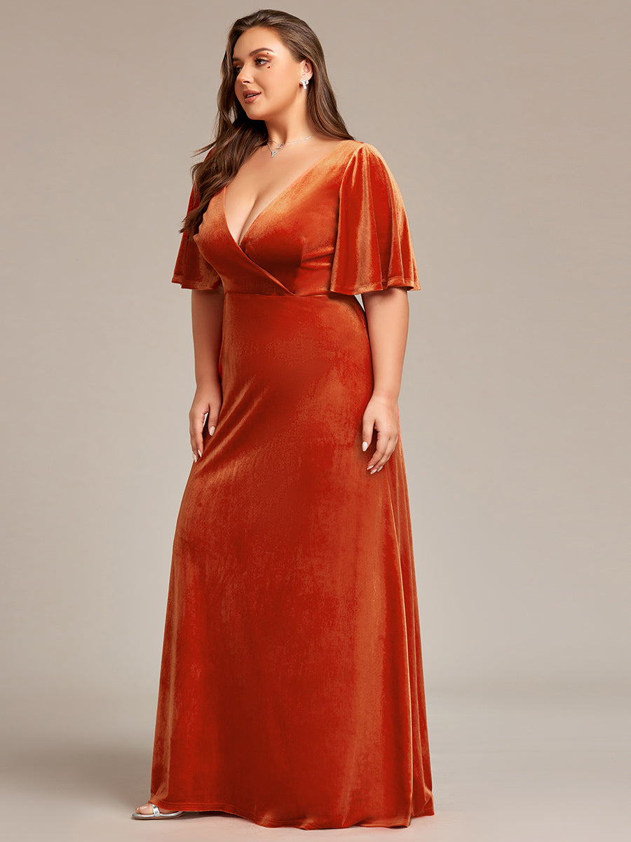 Color=Burnt Orange | Elegant Double V Neck Velvet Party Dress-Burnt Orange 5