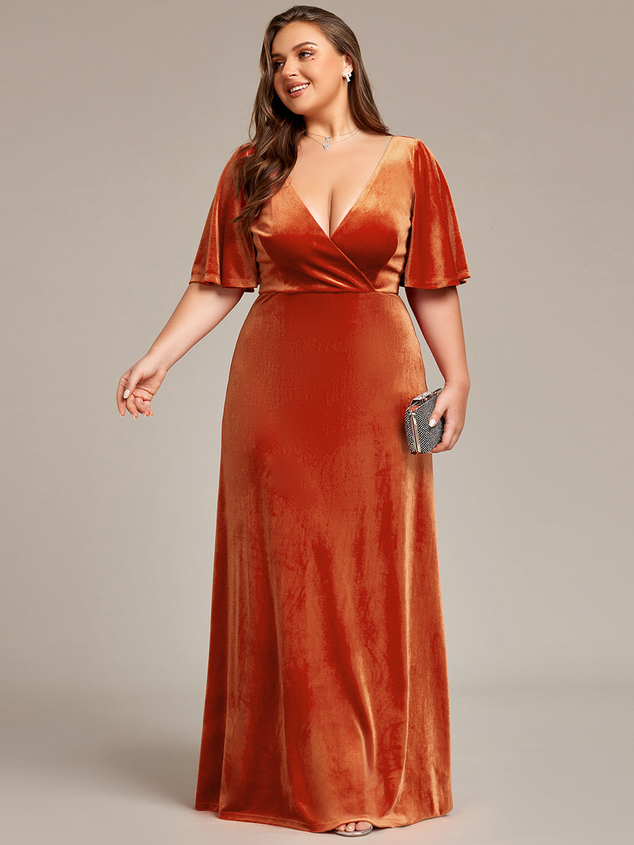 Color=Burnt Orange | Elegant Double V Neck Velvet Party Dress-Burnt Orange 2