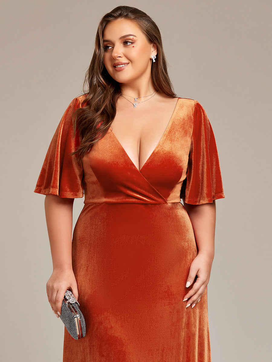 Color=Burnt Orange | Elegant Double V Neck Velvet Party Dress-Burnt Orange 3