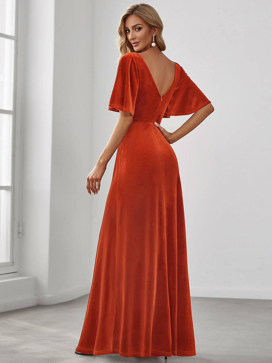 Color=Burnt Orange | Elegant Double V Neck Velvet Party Dress-Burnt Orange 2