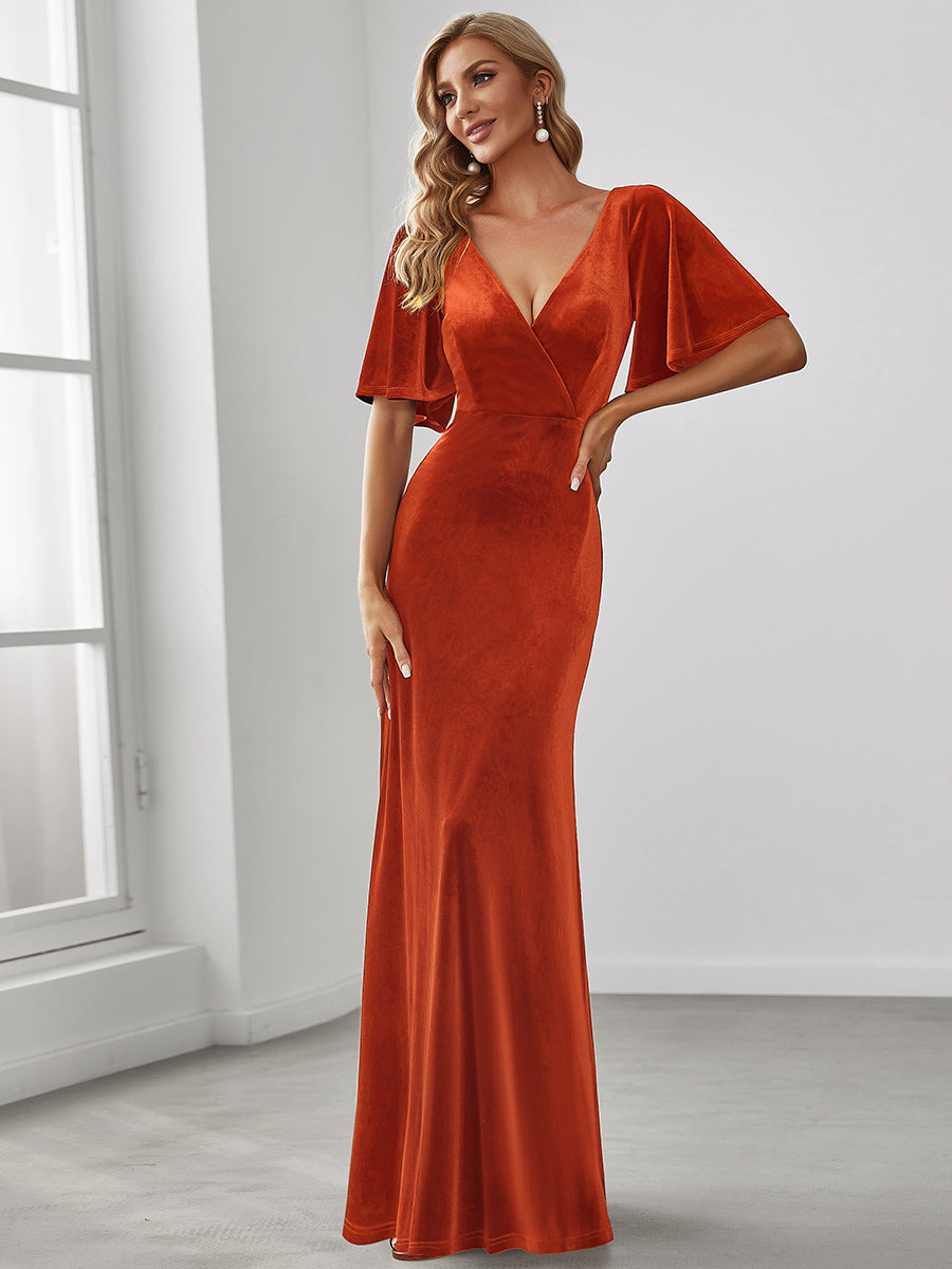 Color=Burnt Orange | Elegant Double V Neck Velvet Party Dress-Burnt Orange 5