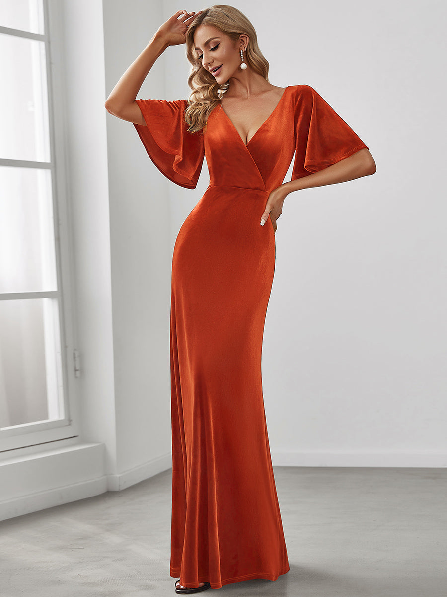 Color=Burnt Orange | Elegant Double V Neck Velvet Party Dress-Burnt Orange 3